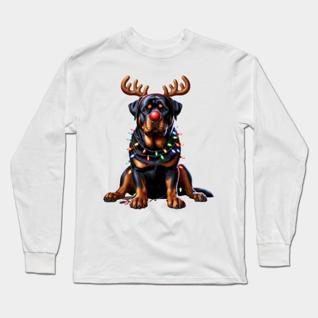 Christmas Red Nose Rottweiler Dog Long Sleeve T-Shirt by Chromatic Fusion Studio